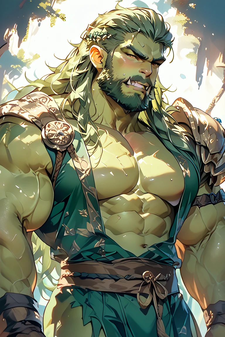 male, fantasy, Oak, Ogre, Large, has a bulging crotch, traditional costume, muscles, macho, Heat release, green skin,tooth,long hair