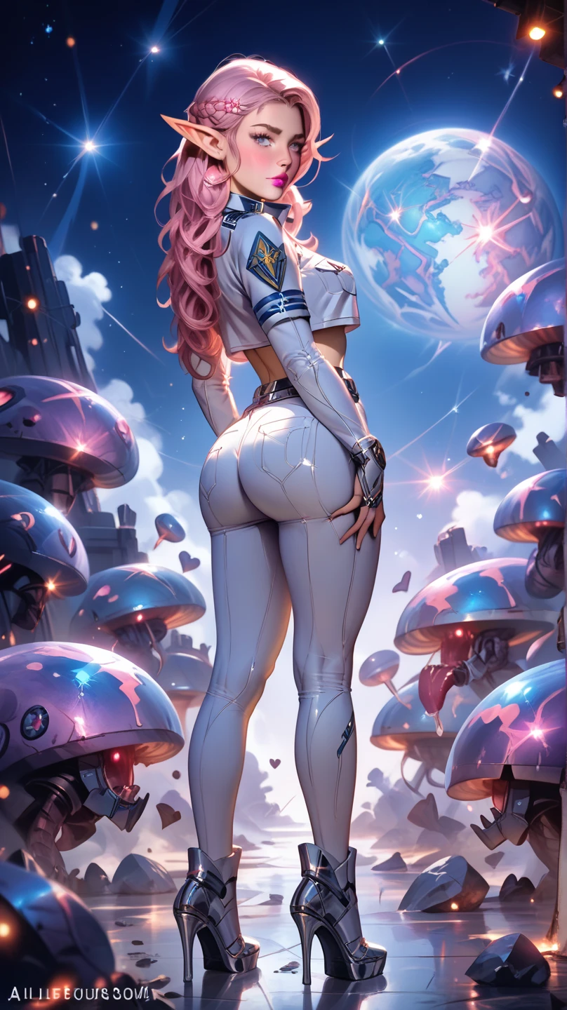 (((of the highest quality: 1.4))),(unparalleled masterpiece ever), (Ultra high definition),(Ultra-realistic 8K CG, camera view from behind), offcial art、 (((adult nude body, accentuated c-cups, totally nude with white thigh high socks))), (((1girl in))), ((( Bob Shorthair ))), Punk girl with a perfect nude body,Beautiful and well-groomed face,Fancy makeup, (Image from head to toe),((pink, purple Bob Shorthair )), Simon Bisley's urban savage style ,Detailed background of the galaxy at night,Clean abs, Complex graphics, dark pink with white stars and gray and white stripes, many poisonous tattoos )), female genitalia exposed from behind