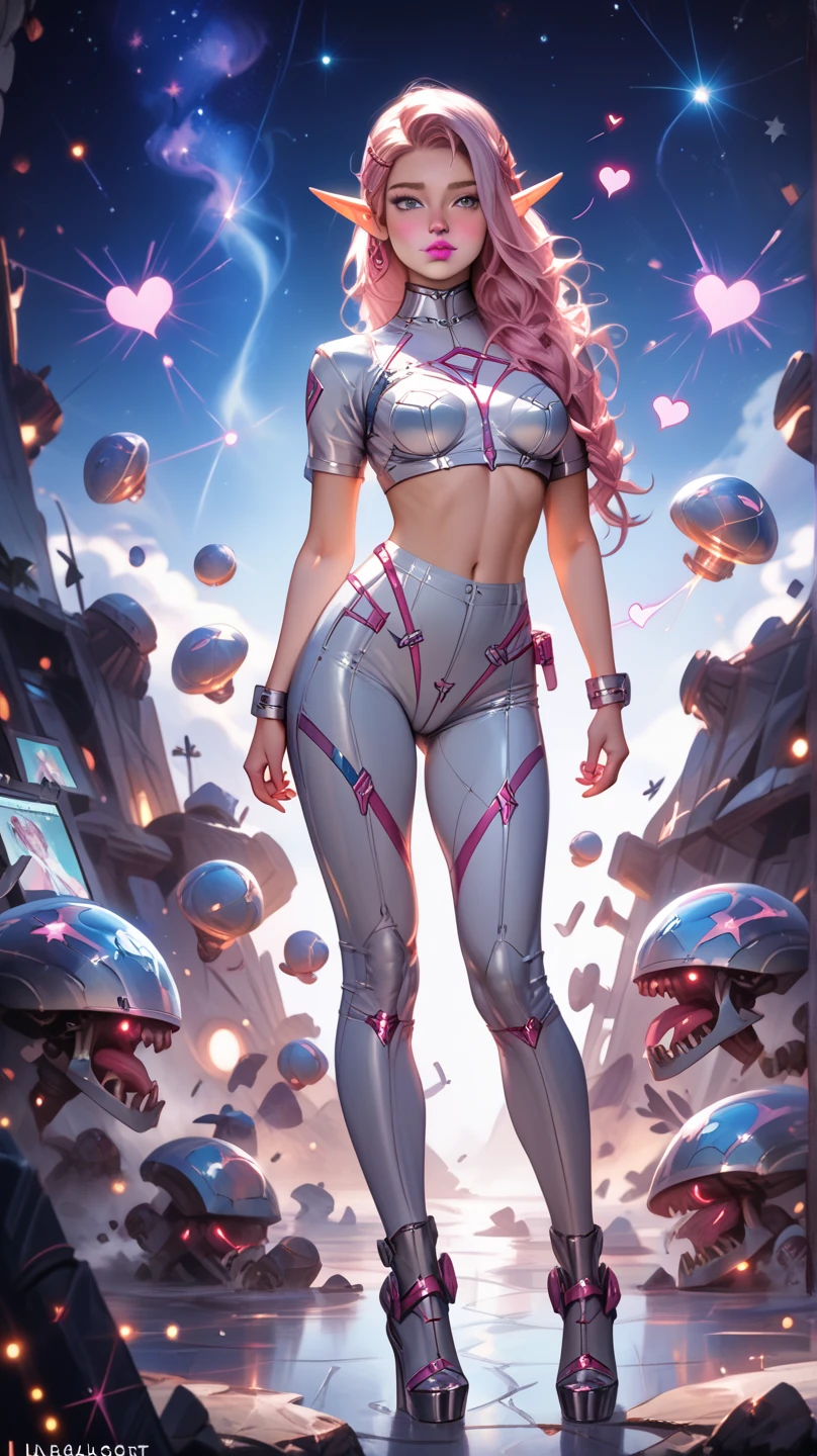Creates the image of a woman with extraordinary beauty, She has long, bright pink, flowing hair, and is standing in front of a battle tank with tracked wheels and some pink details, has dark eyes and a slightly fleshy mouth. She is confident and is driving to war . She wears a long, tight-fitting black jumpsuit., the jumpsuit has a label with your name written “THAY” on the left chest. high resolution, ultra HD, 品質, high qualiy, High details, disney pixar model image. The tank has a neon sign that says “FMS”