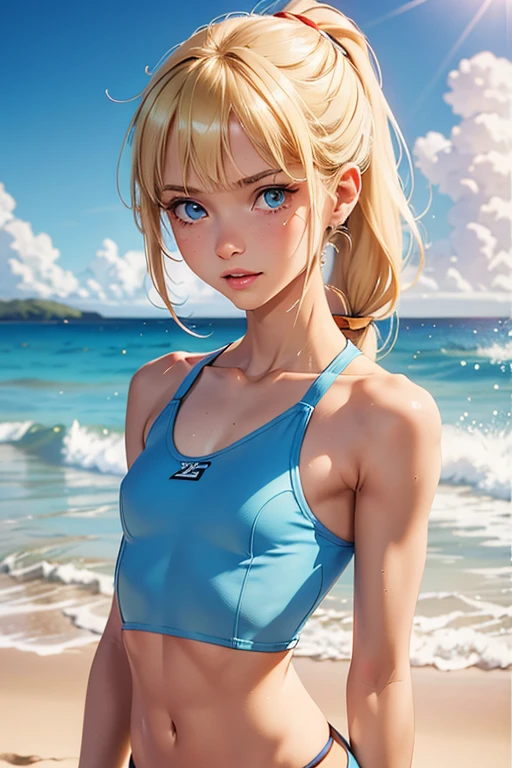 (ultra realistic, best quality, masterpiece) perfect face, golden hair, 18 years old girl, sweat, swim, beach,
