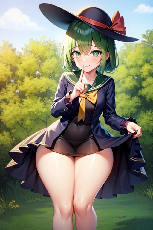 high quality hat,hat bow,green hair,green eyes,komeiji koishi,short hair nude vaginal sex standing position, one leg up nsfw