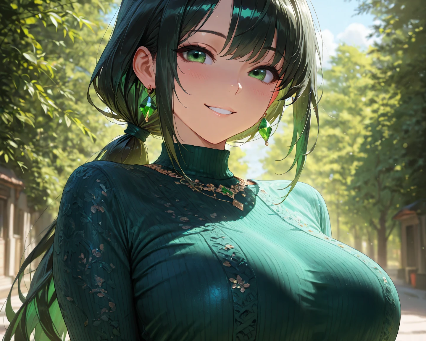 (((raw photo,8k))),(photorealistic:1.3),(masterpiece), (best quality), ultra high res, (best illustration), photon mapping,radiosity,best shadow,full-body shot,portrait,(((natural light))),backlighting, (solo:1.5),1girl,(long black and green hair, bangs, double hair colour), (beautiful detailed green eyes, cat eyes), straight face,closed mouth,medium breasts,((cleaveage cutout)), casual dress, thighs,black thighhighs. Looking at viewer,smooth,(bokeh:1.4), inside house, green light.