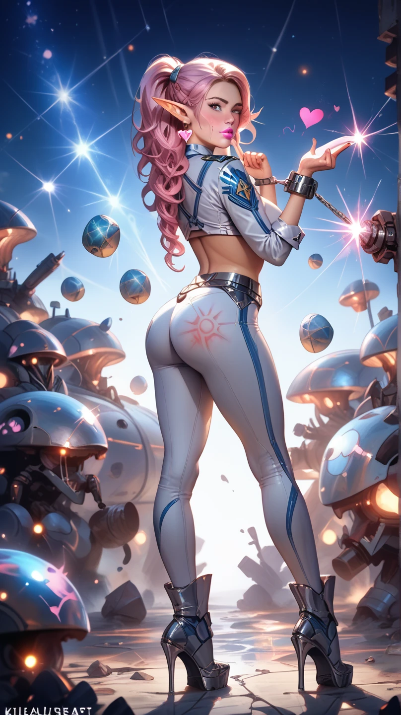 Harley Quinn, back view, big ass, perfect breast, beautiful, sexy, slim, cute, highly detailed, deep focused image, realistic full-lenght photo, sexy gold jumpsuit