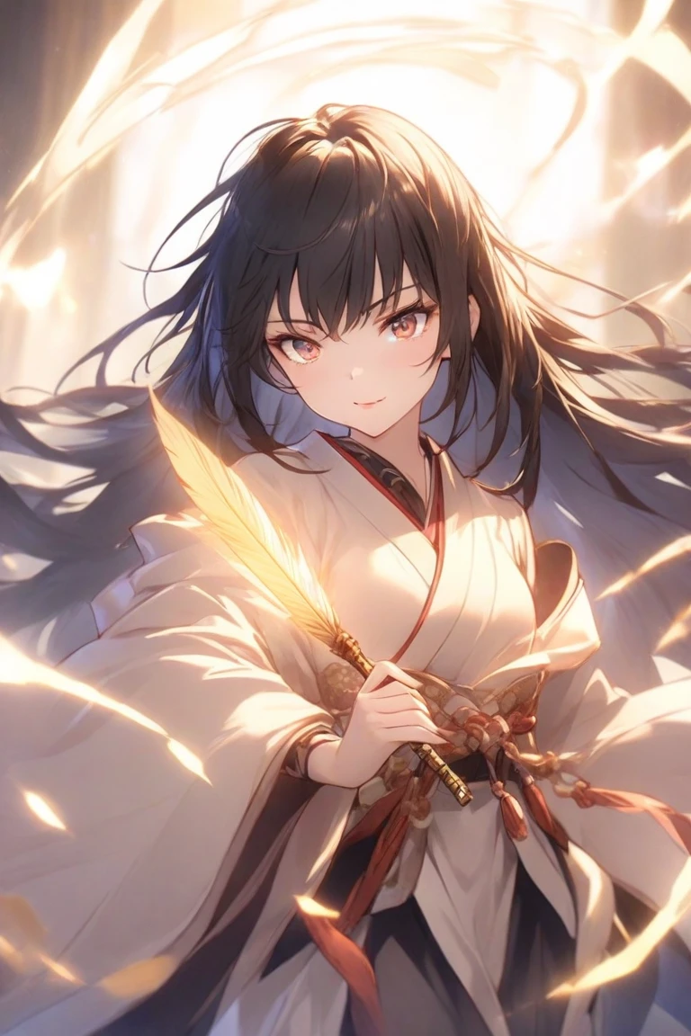 adult girl, long brown hair, red eyes, Daosist hairpin, white hanfu, wide neckline, open legs, dao magic, smirk, Dao, Masterpiece, best quality, Full HD, 8k, ultra details, great graphic