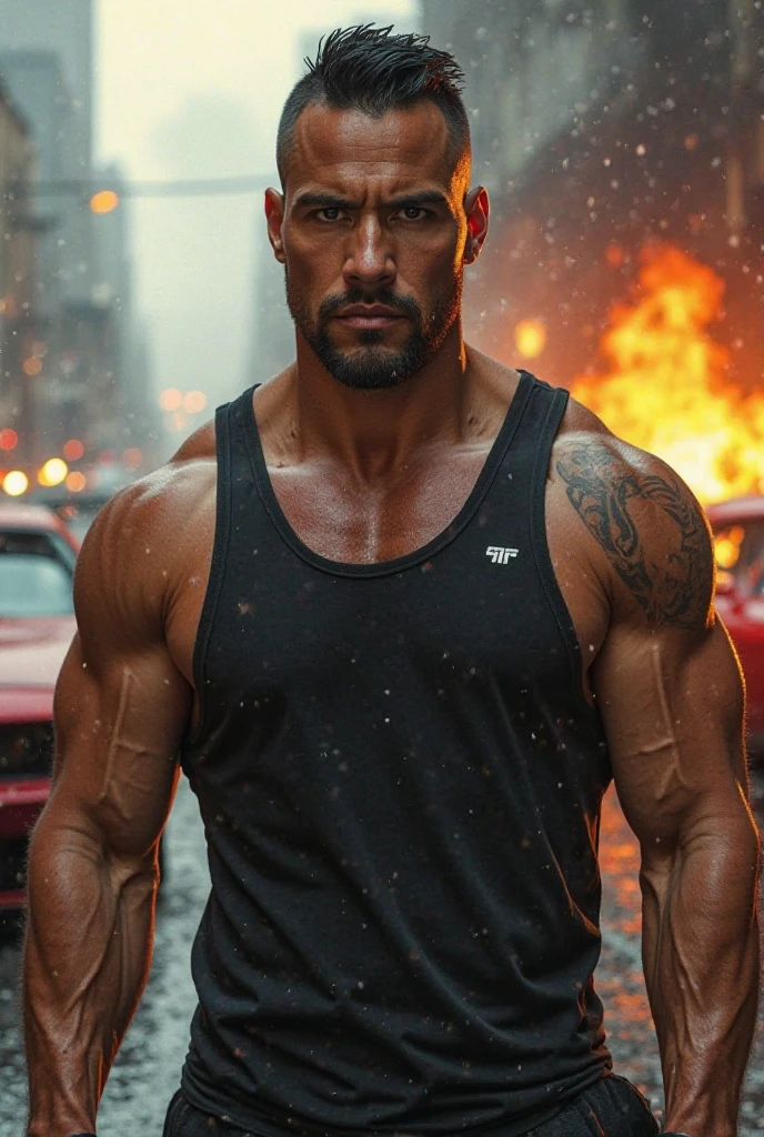 40 year old man, shaved head, brown eyes, detail, face, athletic, tank top, sunset, forest,
