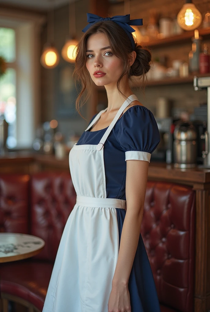 Low angle view, Full body shot, sexy, GinaBanini, AliceWonderlandWaifu, teenager, absurdres, leaning foward, from above, detailed light,((cinematic lighting)),very detailed eyes, best quality, beautiful face, ultra detailed, highres, (light rays),best quality,((shortstack:1.6)), very long hair, 1girl, (small breasts:0.6), beautiful, (average body weight:1.1), ( curvy:1.3), (wide hips:1.4), solo, ((shortstack:1.7)),(skindentation:1.5),(fliying hair:1.4), , (blush:1.2), looking at viewer, thigh gap, shiny skin, long brown hair, cute smile, action shot, slow motion, motion blur, face focus, (dynamic angle:1.2), (dynamic pose:1.2), frilly dress, mushroom forest, blue dress with white apron, wonderland, black headpiece with bow, blue eyes, mushroom forest, light blue Victorian-style dress,short puffed sleeves and a white pinafore apron layered over the skirt, skirt flare, black ribbon tied into a bow, soft, lightweight fabric, (8k, RAW photo, best quality, masterpiece:1.2), photon mapping, radiosity, 35 mm focal length ,particles, accent lighting, ambient oclusion, film grain, depth of field, ravishing, ,beautiful lighting , high detailed, 8k, vivid contrasting colors, chromatic aberration, ,vibrant digital illustration, , behance hd, best quality, (realistic:1.2), (high contrast:1.2), shallow depth of field, bloom, (RSEEmma:1.2), Volumetric Lighting, accent lighting, extremely detailed CG 8k illustrations, masterpiece, hyper detailed, best quality, ultra high res, high resolution, (intricate details),RSEEmma,