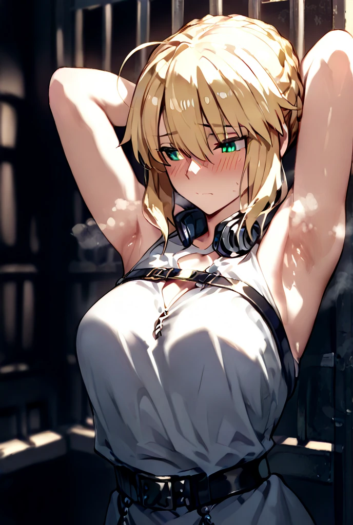 (masterpiece, best quality), beautiful girl, Lumine from "Genshin Impact",
luminedef, standing in her room, (detailed beautiful eyes) medium body shot, (crop-top white and blue hoodie, underboob) blonde, short hair, yellow eyes, ultra detailed yellow eyes, full-body shot, sitting on a window sill with a black bra and cuffs, wrapped in leather straps, leather cuffs around wrists, restrained, harnesses and garters, handcuffed, handcuffs, dominant pose, sexy dominant pose,