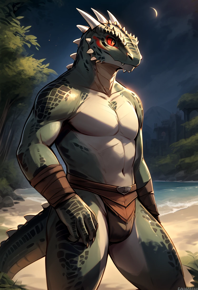 Solo, Male, lizardfolk, cheeky face, Wide face, Broad shoulders, Muscular, buff, Strong, Tall, Giant, Huge amounts of pubic, immensity, Gigantic, large biceps, large pecs, Blue-green body, yellow eyes, There are many scars on the body,detailed crotch, massive bulge