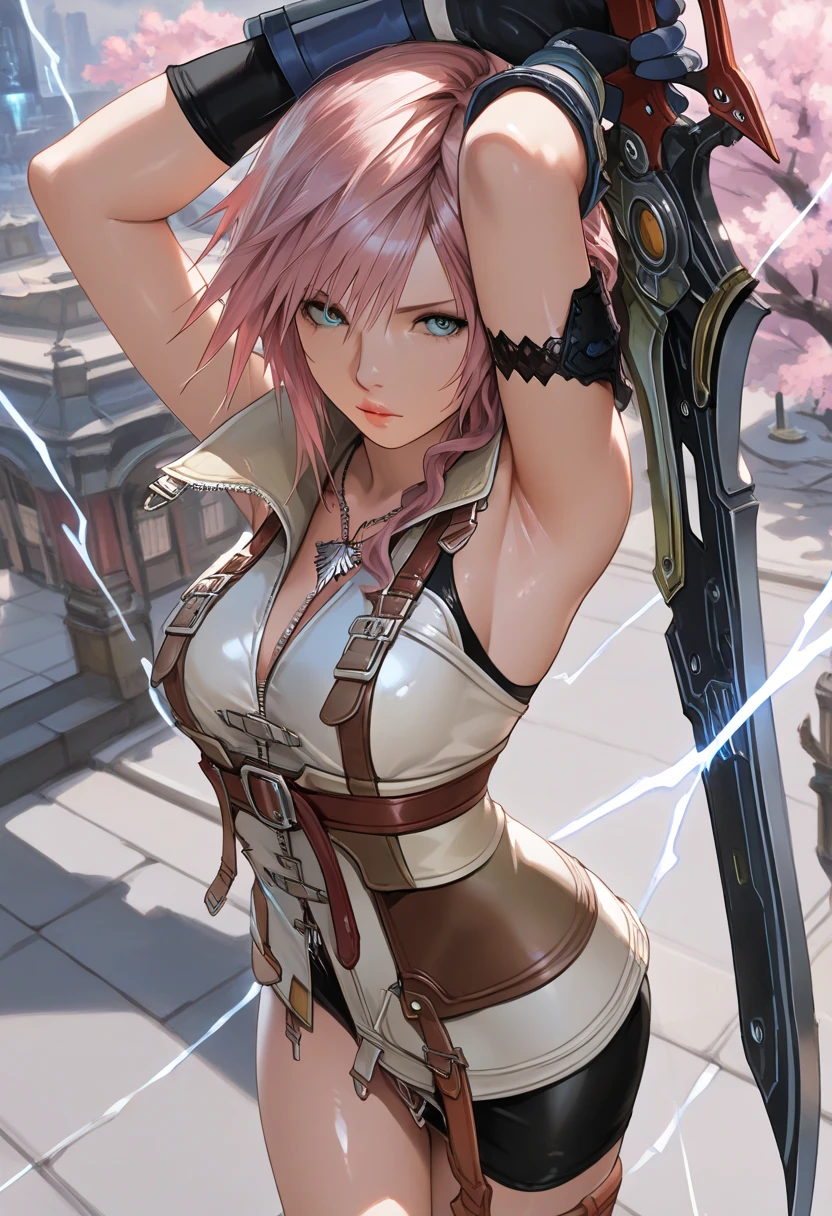 best quality, masterpiece, 1 girl, Lightning from Final Fantasy XIII, Final Fantasy XIII, cowboy shot, A city full of machines, looking at viewer, large medium bosom, Lightning's clothes, holding her sword, masterpiece, best quality, amazing quality, detailed background, intricate details, Close up, Armpit , Shiny skin, Cherry blossoms, From above