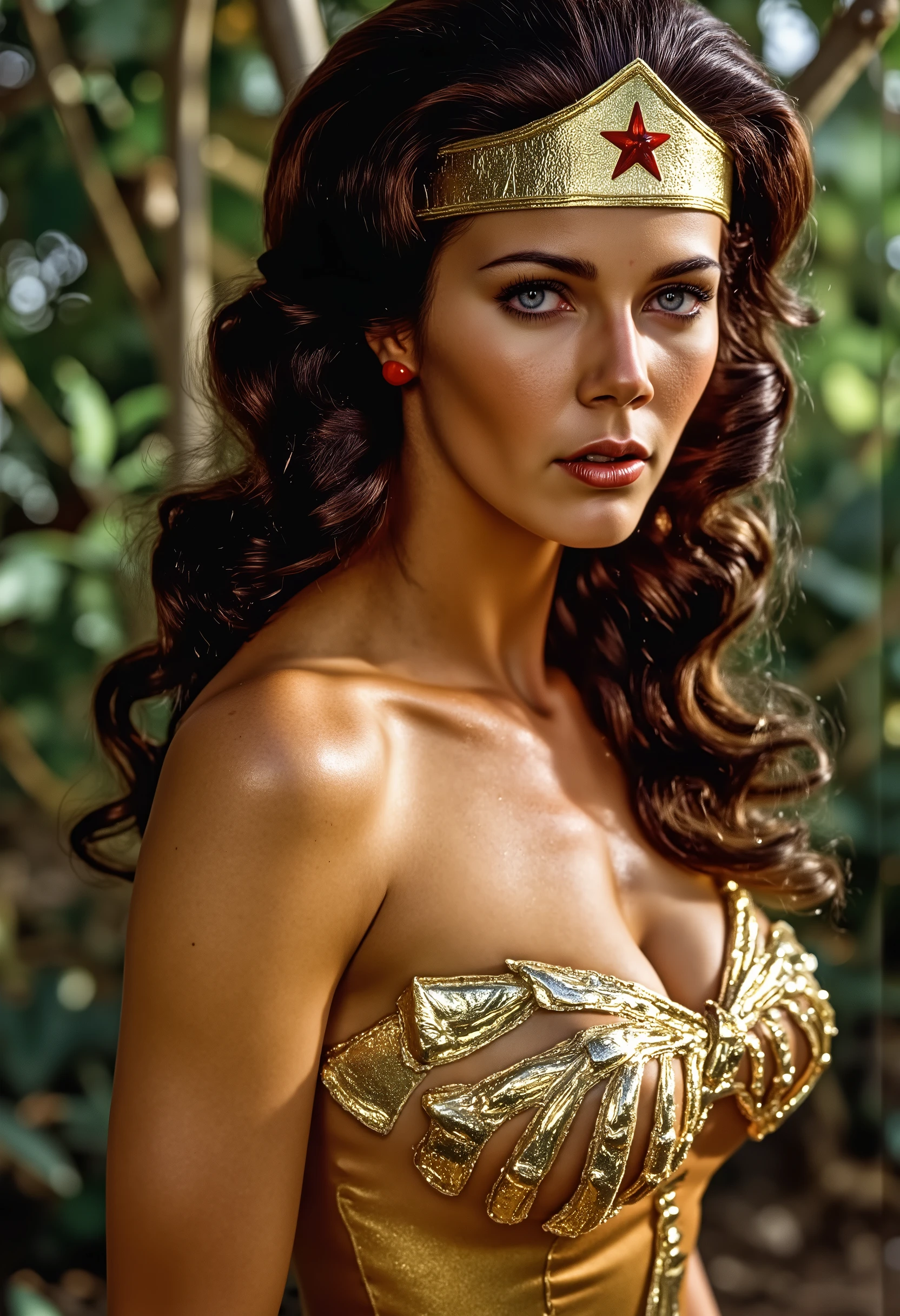 An alluring close-up of a woman dressed in shimmering golden-brown attire, standing amidst a wild, untamed forest. The intricate, reflective fabric of her clothing and the surrounding natural elements create a surreal and mesmerizing image, highlighting the elegance and resilience of women. The background features dynamic, golden brown tones that add to the sense of wonder and mystical connection. Photorealistic quality, taken with a Sony Alpha 7R IV, FE 90mm f/2.8 Macro G OSS lens.