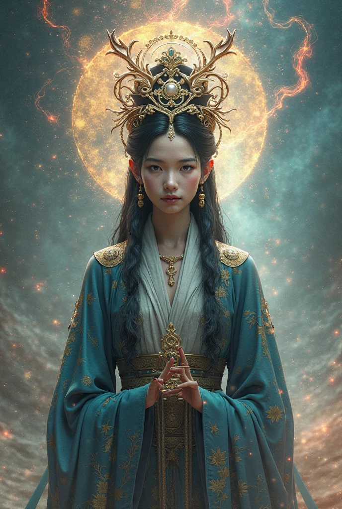 A goddess-like woman with Chinese and Korean features, in traditional attire, holding a glowing orb, with dragons and a waterfall in the background.