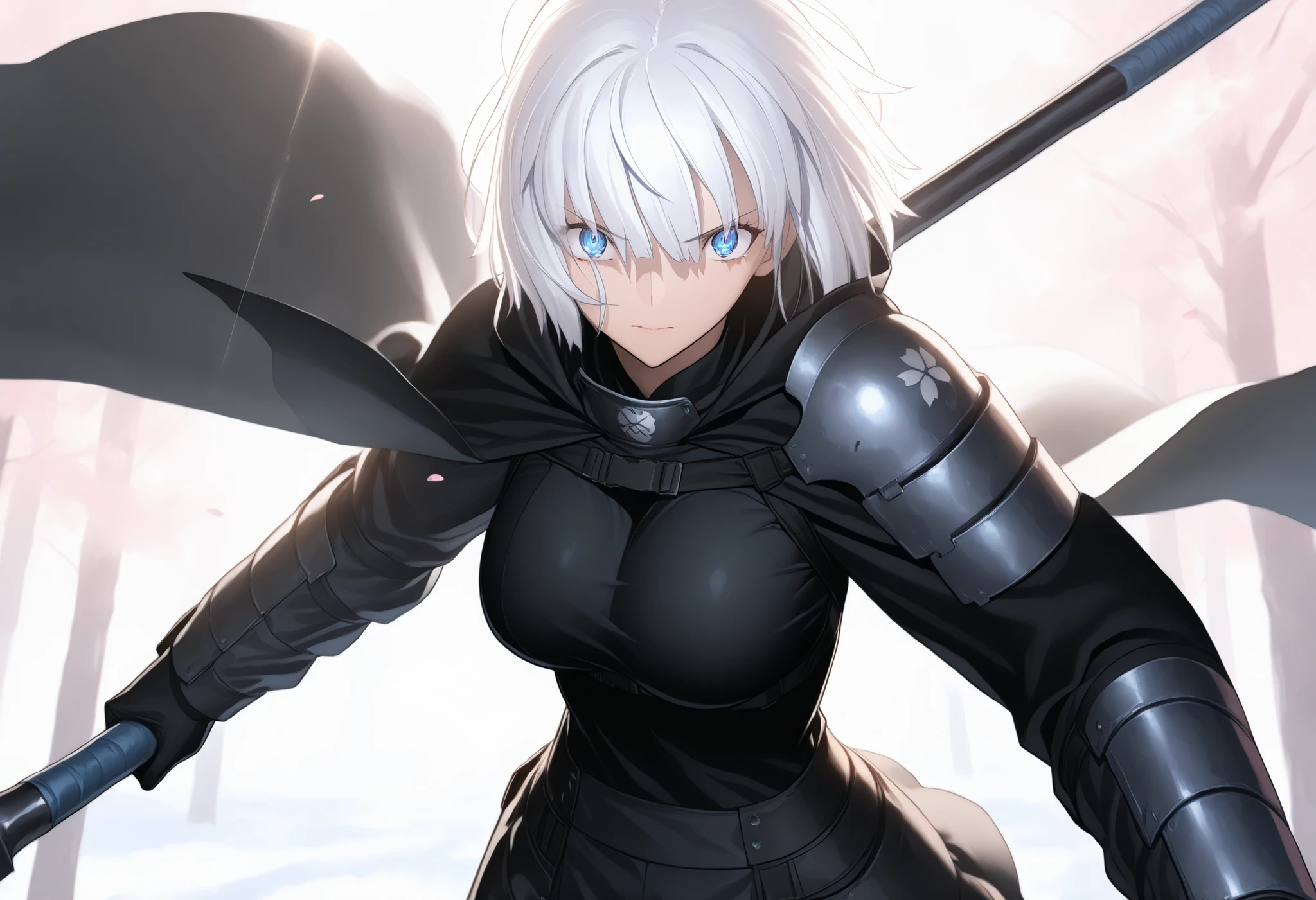 absurdres, (((Ultra HD))), (((Ultra High Quality))), ((hyper detailed)), ((Ultra High Resolution)), (Highly rendered), ((detailed eyes)), (((8K))), ((perfect face)), ((masterpiece)), ((cinematic)), dynamic lighting, solo, 1girl, white hair, short hair, blue eyes, long bangs, straight hair, large breasts, tactical clothes, black shirt, black cloak, shoulder armor, black gloves, spear, Japanese forest, cherry blossoms, cherry trees, daybreak, morning, sunlight,