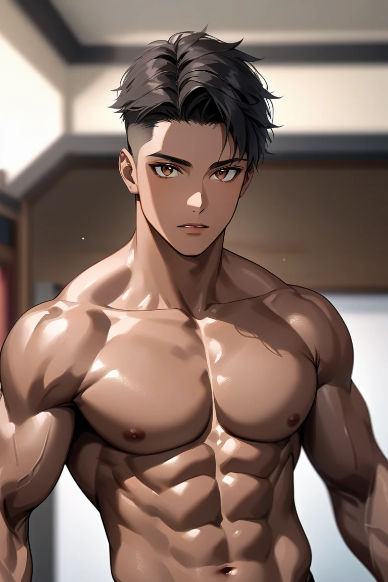 cute Asian boy, eight-pack abs teen, bodybur body, SINGLE bun hair slicked back, , he has big biceps