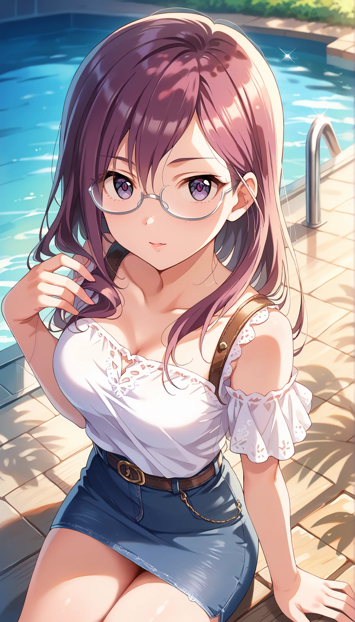 (((Yagami Makino))),light purple short sleeve blouse,denim below-the-knee skirt,Bare Chest,(((medium breasts))),(slightly long hair),((angle from above)),purple hair,Ulchan-6500-v1.1, ( RAW photos :1.2), beautiful detailed, very detailedな目,beautiful eyes, beautiful eyes,file size is large, high resolution, very detailed, of the best quality, [masterpiece:1.6], Awareness-raising, very detailed, CG, finely, of the best quality, 8K wallpaper, perfect body shape,very detailed,glasses