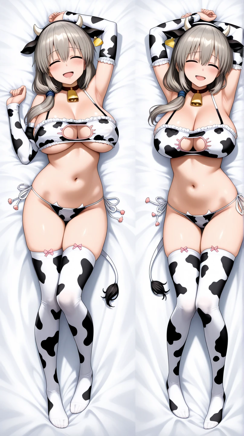 all fours,hand on ground,Open mouth, A MILF,Shiny body, Shiny skin, ,Huge breasts ,Shiny skin,BTPT-FC,wide hips, closed eyes,silver hair,solo, Cow Bikini, cow ears, cowbell,  (((Cow print stockings, Cowprint Arm Gloves))),Cow Lingerie,bedroom,low sidetail,sweat body,wet body,from behind,focus ass,pov