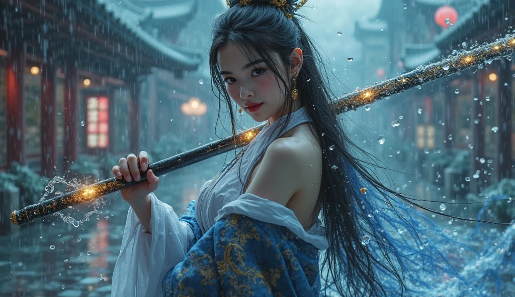 Ws,Snow, Flying Petals Under The Air,A girl fighting with a sword, she holds the sword to cover one eye, the other eye is looking at the opponent Hard Light, cinematic Light, A 16-Year-Old japaness Beautiful Girl In hanfu,girl Sword fighting Martial Arts Style, Chinese Fairy Tale, The Background Is Colorful Light Spots, Highly Detailed, Dynamic, Cinematic, Stunning, Realistic Lighting And Shading, Dramatic Light, Vivid Vibrant 8k,35mm Lens, Photorealistic, Kodak Portra
