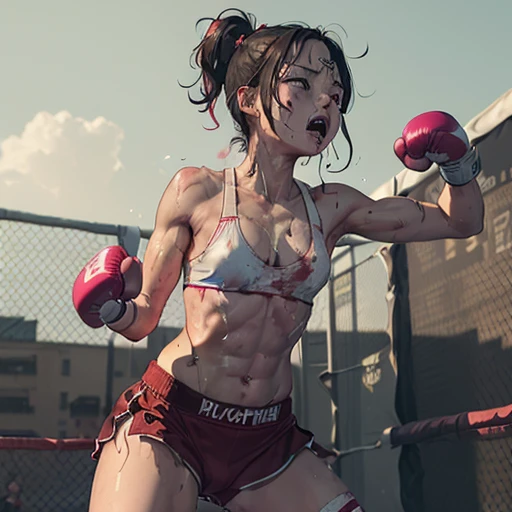 two bloody beautiful young Japanese female fighters are fighting by dynamic punchs in the octagon ring. Blood is dripping from her nose. She is covered in scars and bruises. she is damaged terribry. Short-cut black hair, out of breath, drooling from mouth, crying, exhausted, drenched in sweat. Muscularity. Six-pack abs. Erect nipples. sports-bra, bikini shorts, open finger glove.