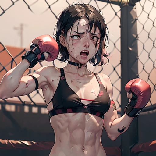 a bloody beautiful young Japanese female fighter is beated down in the fighting ring. Blood is dripping from her nose. She is covered in scars and bruises. she is lying down. she is damaged terribry. she was defeated. she lost the fight. she was knocked out. Short-cut black hair, out of breath, drooling from mouth, crying, exhausted, drenched in sweat. Muscularity. Six-pack abs. Erect nipples. sports-bra, bikini shorts, open finger glove.
