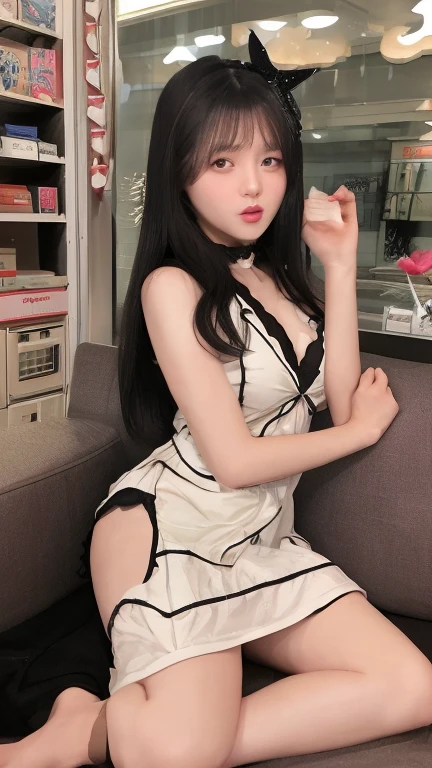 best quality, masterpiece, a shy nurse girl in a loose((nurse dress)), lace panties, armpit, sleeping((lying on the bed)), messy short hair, nose blush, white leg wear, black_thighhighs, spread legs, (solo), dynamic pose, legs apart, drunk, ((half-closed eyes)), mary_janes, ((unbuttoned clothes)), , slim legs, erotic, ((nsfw)),