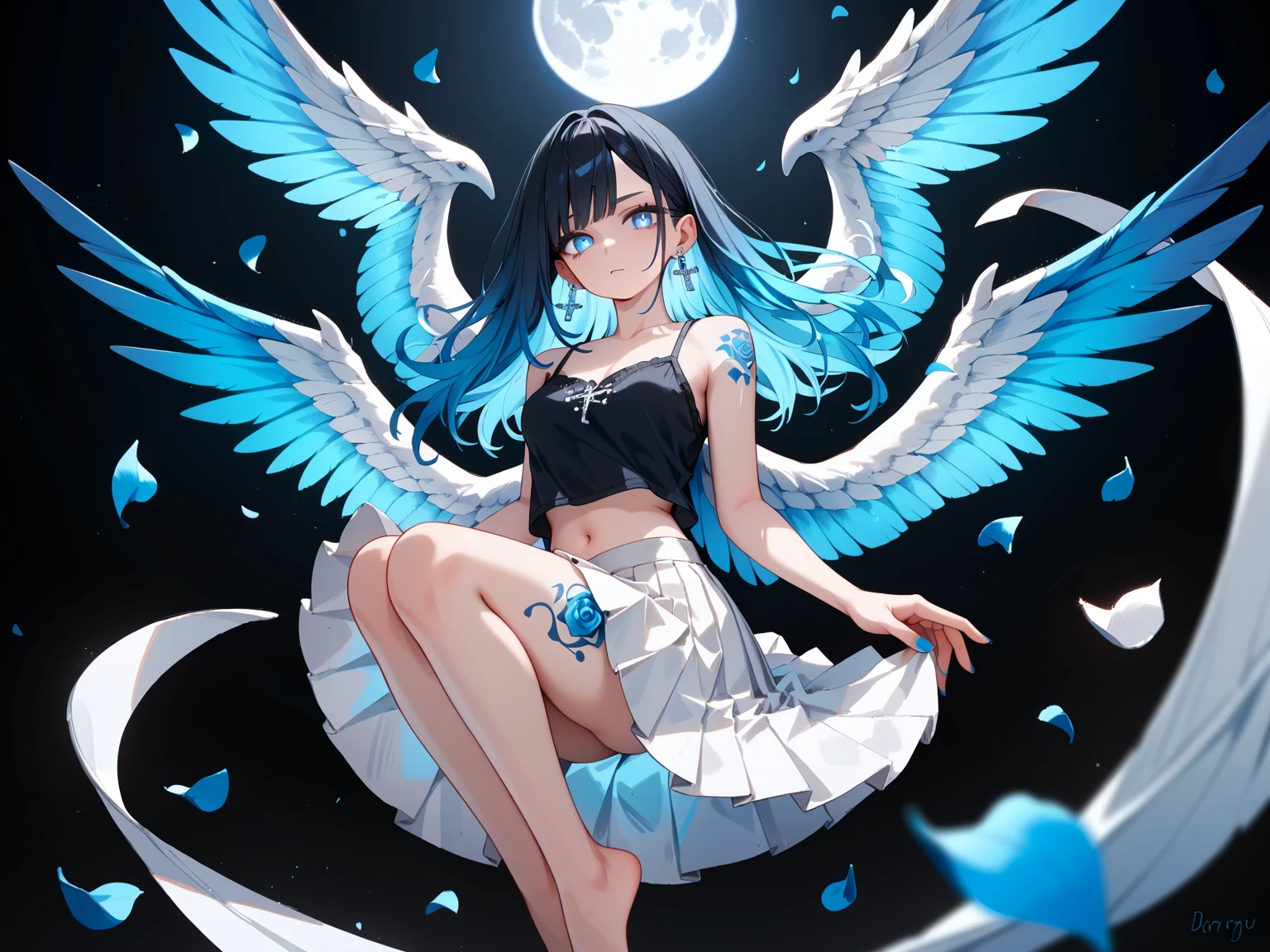 picture quality: 8K (Highest quality scale: 1.2), Artistic style: Realistic, Photorealistic elements: 1.37, Clarity: Ultra high definition, subject:One girl flying over a stunning cityscape ,Hoodie,Blue hair, Neon Color Shooting Star, Very long hair, off shoulders, feathers hair ornament, neon color, flashes, stunning night sky, Teenage girl (16 years old), Notable features: Pleasant smile, Closed mouth, exquisitedetails, Lovely Nose, Composition: Full body, damp hair, context: In the giant Darsepho,, attire: Snow White T-Shirt, Angel wings very detailed,Solo Shot、model shot、Polished RAW photos、Big eyes、Transparent eyes、　Beautiful makeup、long eyeslashes、A smile、Smile、、Solo Photography、beatiful detailed eyes、vertical stripes　imagem 4k　超A high resolution、Overall view