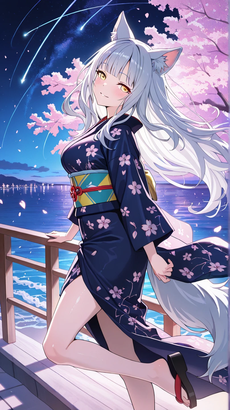 (masterpiece,best quality,ultra-detailed), an anime lady who is at 23 years old, gentle and kind, young yet mature, beautiful, caring, dearing, loving, forgiving, protective, motherly onee-chan. She has ice white side-swiped bangs, ocean blue oval eyes, arctic fox ears and tail, wearing stylish off-shouder kimono, standing in a rear, butt focus, face turning and smiling at viewer in a nurturing expression