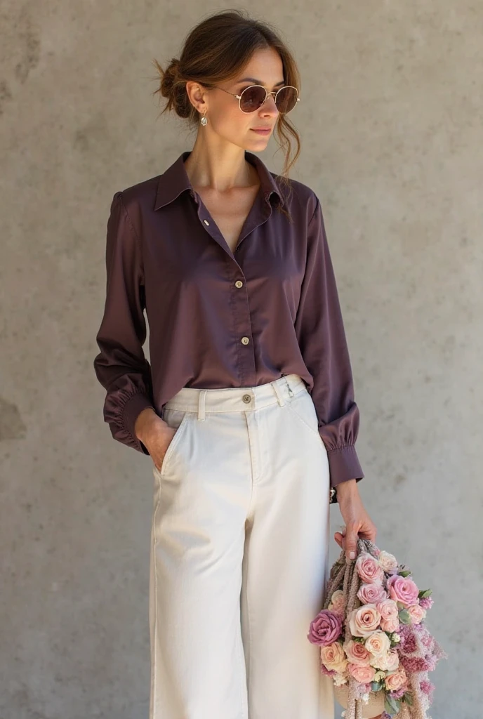 masterpiece, Photorealistic, her name is Elle, high quality, 1girl, ((30-year-old fit french woman)), ((30 years old)), beautiful eyes, slim, ((pale skin)), loose updo messy dark hair, (((hair behind ear))), extremely detailed skin, beautiful perfect lips and big eyes, insainly detailed tweed fabric texture, wearing white Satin Blouse + 1940 High-Waisted Pencil Skirt tweed fabric plaid pattern brown green color, sophistication, pose: standing, background: The former post office that is now a flower shop stunning architecture flower shop. You stand before french building exotic colorful flower arrangements proportionate peonies, roses, boutique flower shop detailed spring flowers, captivated by the play of light and color. Sira Quiroga, The open indoor space arched windows, filled with the sound of soft footsteps and whispers, along with the scent of polished wood and faint traces of paint, remember yesteryears, creates a serene and inspiring flower shop environment, Photorealism, Full-HD, 1080p, 16k, sharp, soft lighting. real sunlight, Realistic, Hyperrealistic, Hyper Real, digital, a beautiful sophisticated model, face towards left of camera lens, close up at face,