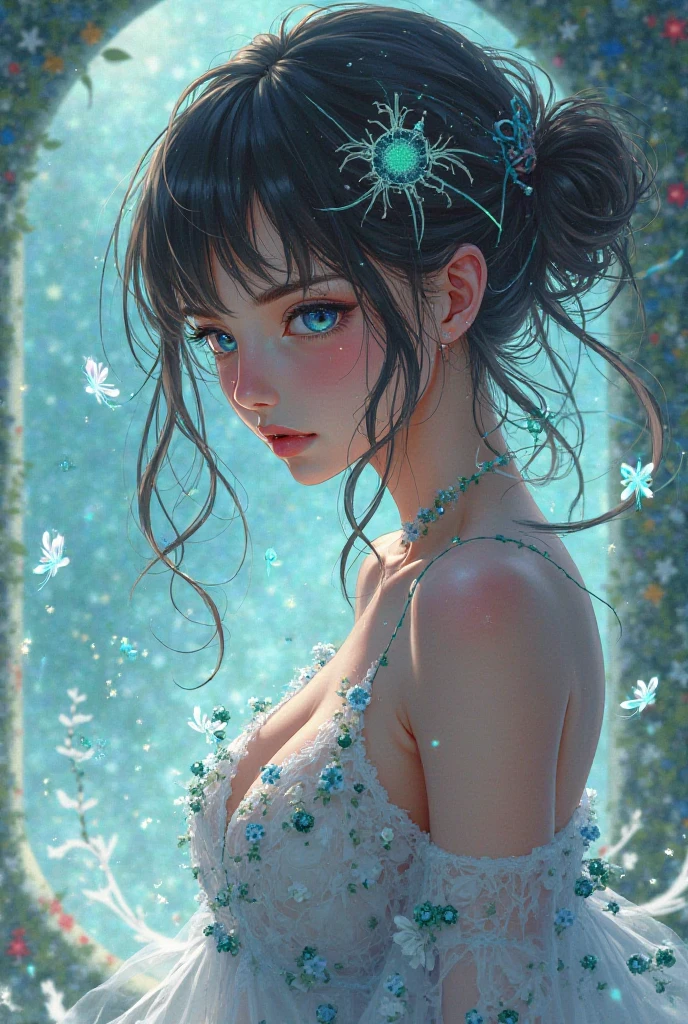 ((Top Quality, Detailed Background, Girl, Flower, Starry Sky)). ((Top Quality, Super Detail, Realism: 1.37), (1 Girl - Solo, Full Length, Waist-Height, Free - Relaxed Pose, Standing), (Girl, Flowers, Garden, Starry Sky,) (Stylish Pink dress , open shoulders, neckline, wide short bells, decorated with modern flowers)). ((Beautiful eyes, glossy lips, detailed features, gorgeous smile), (A piercing and enchanting gaze, freckles, jewels, gentle smile, soft and seductive lips, lustrous lips), (Bewitching gaze, sparkling eyes), (playful look), natural beauty)), (studio lighting), (orange, pink, white, green details), (tattoos), (technical clothing: 1.1) , (abstract background of lines and circles). ((Best quality: 1.37). ((Settings, Soft Lights, Shadows) (Technical Background - Abstraction) (HD Details, Cinematic, Surrealism), (Soft Lights, Deep Focus, Raytracing, Diffusion). ( settings, soft light),