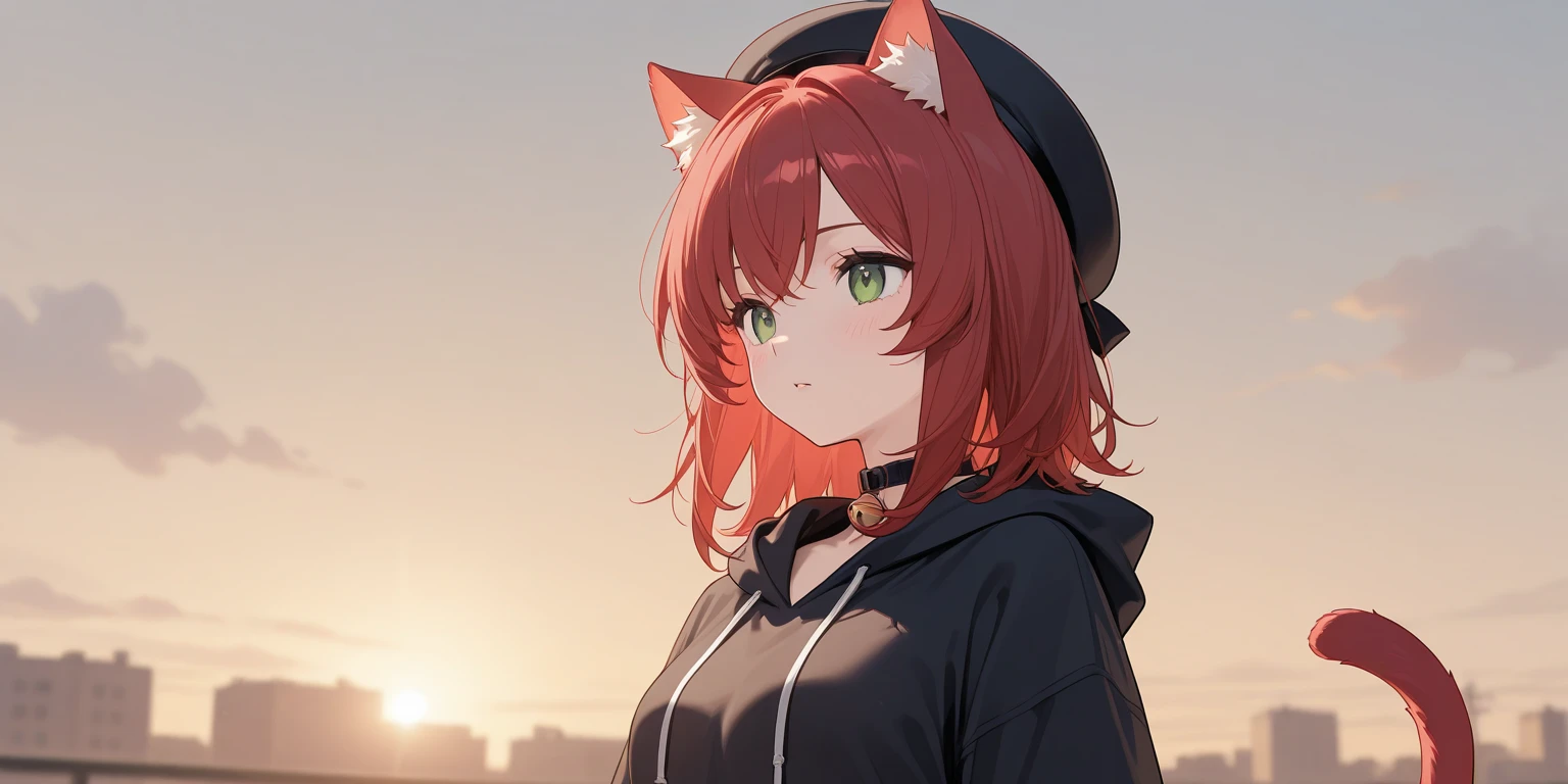 4k, anime style, medium_close_shot, 1catgirl, cat ears, (red long hair)) , eyes focus. oversaturated green eyes, he is moving a bandana that was covering his eyes. super detailed special power eyes.
one eye is uncovered, the other is still covered. wear a hood, hood on head. Bare shoulders, crop top. Medium breast. Super detailed. Perfect anime red eyes, sharingan. Natural pose. She has a devil smile, she's OP overpowered . red fox tail. she's in the traffic of new york, background is partially blurred, accent colors.