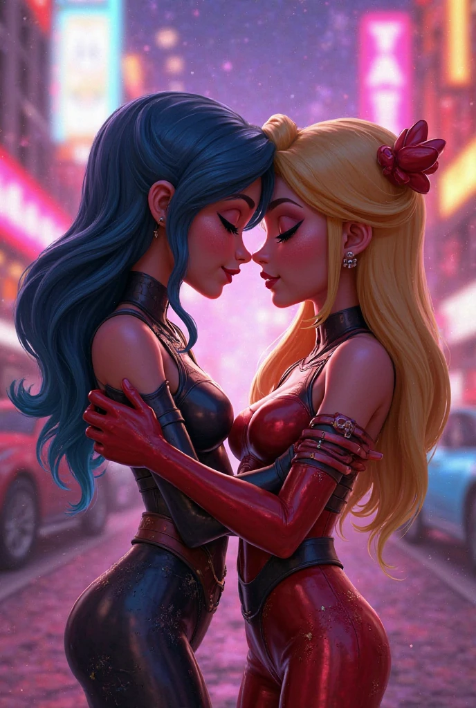 there are two women in a roller coaster ride at a carnival, insanely inflated hips, two women kissing at a carnival, very excited, insane smile, excited, covered in red slime, huge tentacles, with a tentacle - shaped tongue, she is smiling and excited, big tentacle sneak around, huge lips, youtube video screenshot, she expressing joy