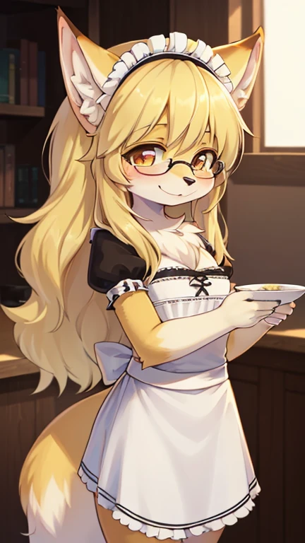 best quality,best resolution,(fluffy anthro furry :1.6),(young :1.6),fox girl,yellow hair, long hair,yellow eyes,small breasts,yellow fur,glasses,white naked apron,luxury bedroom,romantic light,looking at viewer,sex suggestive face,heart eyes,heart expression eyes,stand,lean forward