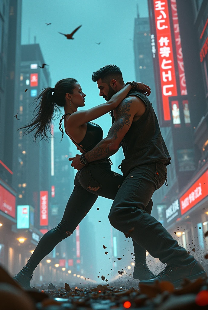 a man carrying a fainting woman in a crowded city scene