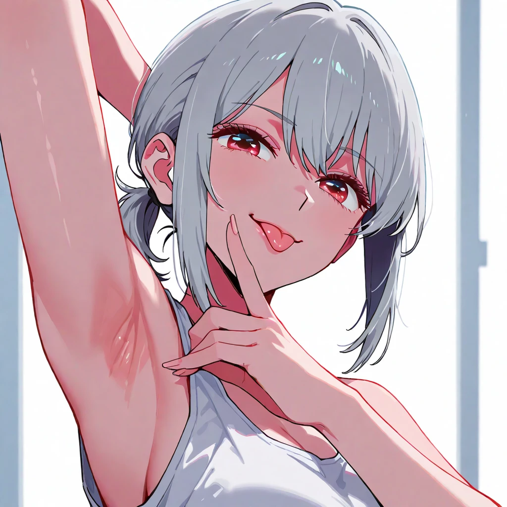 ((Masterpiece)), ((high quality)), ((anime illustration)), 1girl, teenager, slim, white curly ponytail hair, messy hair, closed eyes, sleeveless black polo shirt, biting lip, raiding her arms up, arms raised, sweaty, sweating, sweaty bod, sweaty armpits, white bckground,