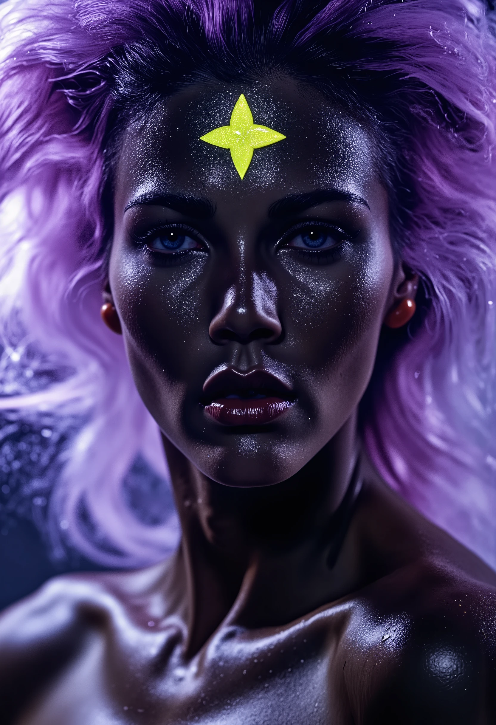 A mesmerizing close-up of a woman fully painted in black with glowing yellow accents, enveloped in swirling purple and white smoke. The intricate body art and vibrant smoke create a surreal and powerful image, symbolizing the strength and mystique of women in harmony with nature. The background features dynamic, vibrant patterns that evoke a sense of wonder and connection to the natural world. Photorealistic quality, taken with a Sony Alpha 7R IV, FE 90mm f/2.8 Macro G OSS lens.