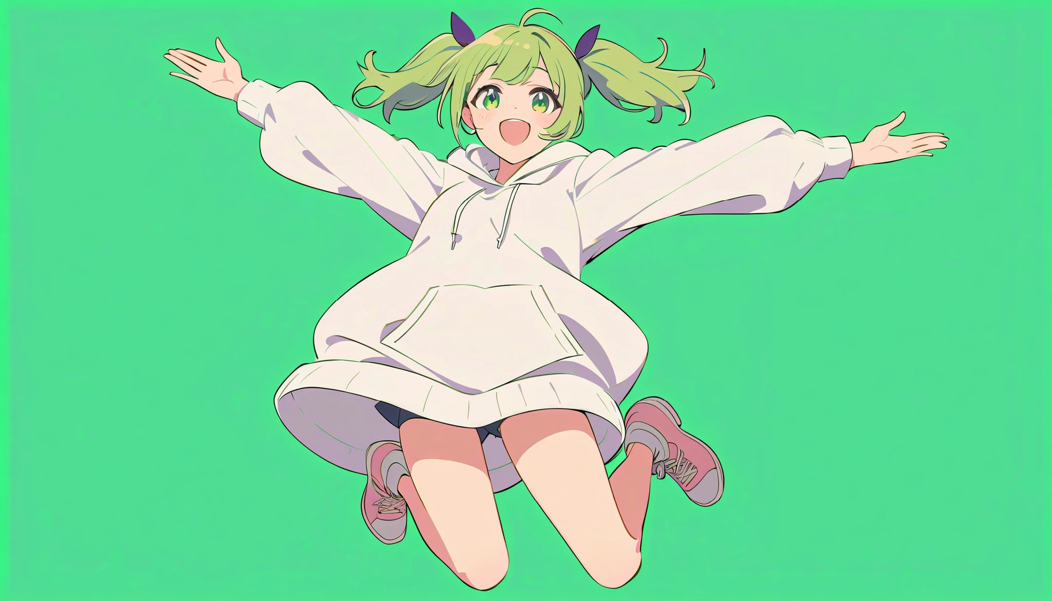 flat color,
1girl, solo,
green hair, twin tail, green eyes,
big smile, open arms, jumping, cowboy shot,
white hoodie,
simple background, green background,