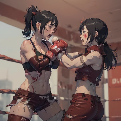 A fierce exchange of dynamic punches and kicks. they are beating each other so hard. bloody beautiful Japanese female fighters are fighting in the octagon fighting ring of underground arena with audience. survival battle. whole body picture. they are covered in scars and bruises. they are damaged terribry. Short-cut black hair, out of breath, drooling from mouth, one eye is closed, exhausted, drenched in sweat. Erect nipples. open finger glove. naked Stockings. armwarmers. small breasts, armwarmers. Whittled waistline, muscular, sixpack abs