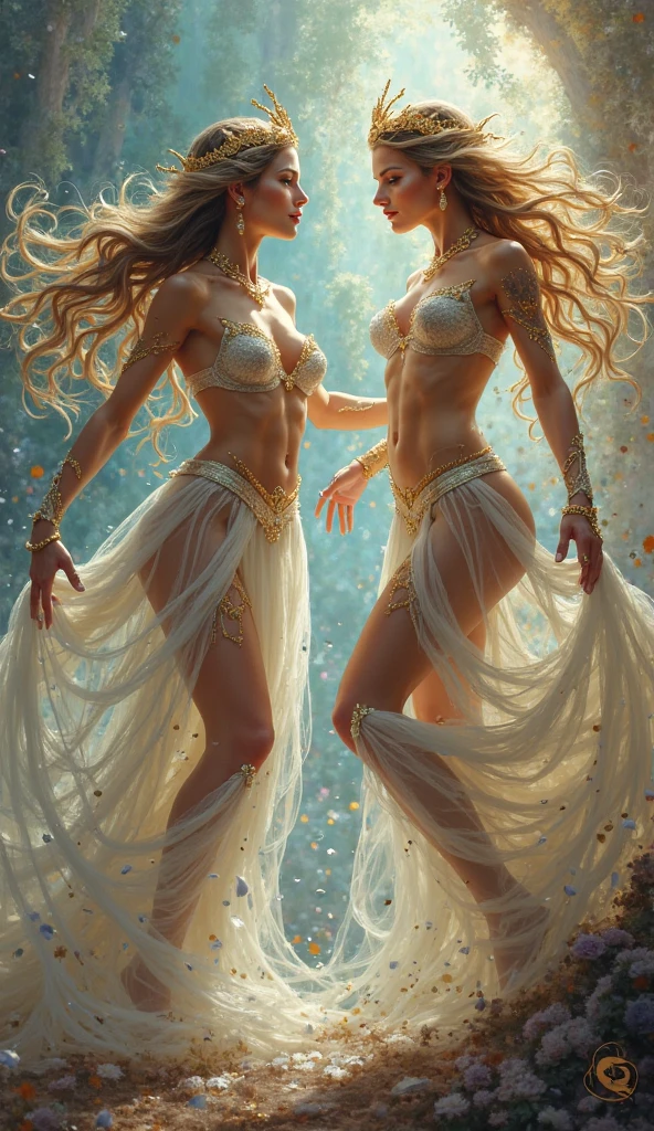 two women in white dresses walking on a rocky beach, two young woman running on sand, Greek people, greek male, a mature female, ethereal, goddess, large breasts, bare shoulders , bare Waist, bare Abdomen, perfect female figure, arms up, armpits, thighs, [light smile], expressionless, see-through high jumper's body proportions, (obesity: 0.0), no panties, No pants,No socks,No skirt,No shoes,Dynamic posture,Fighting stance, (Full body), (Greek feet), (Carefully groomed nails),Delicate and small toes, perfect toes, Camel toes, Correct anatomy, Correct dissection,( Clothing: transparent cheongsam made of transparent plastic, high slit design, white flowers cut at the waist, perfectly blending with the figure, gemstones, diamonds, pendants, necklaces, waist chains, stud earrings, earrings, bracelets, anklets), the robe flutters with the wind, the clothes are painted with ink landscape paintings, almost naked, fully see-through exposed crotch, clear closed crotch cleft streaks, without bra, slender body, almost naked, Ancient Greek-style robe of colorless transparent fabric with minimal cloth area, colorless transparent fabric bra with minimal fabric area, colorless transparent loin cloth with minimal cloth area, Bust mostly exposed with full see-through, Perfect slim body (nipple slip: 0.5) masterpiece, detailed, alluring succubus, ethereal beauty, perched on a cloud, (fantasy illustration:1.3), enchanting gaze, captivating pose, otherworldly charm, mystical sky, soft colors, (detailed cloudscape:1.3), (high-resolution:1.2), ((masterpiece)), (best quality), HDR, ((masterpiece)), (best quality), HDR, FEMME, Mirela Anton art Style, artistic, Soft color palette, windblown flowers, Sparkle, magical photography, Soft smooth lighting, Light background,