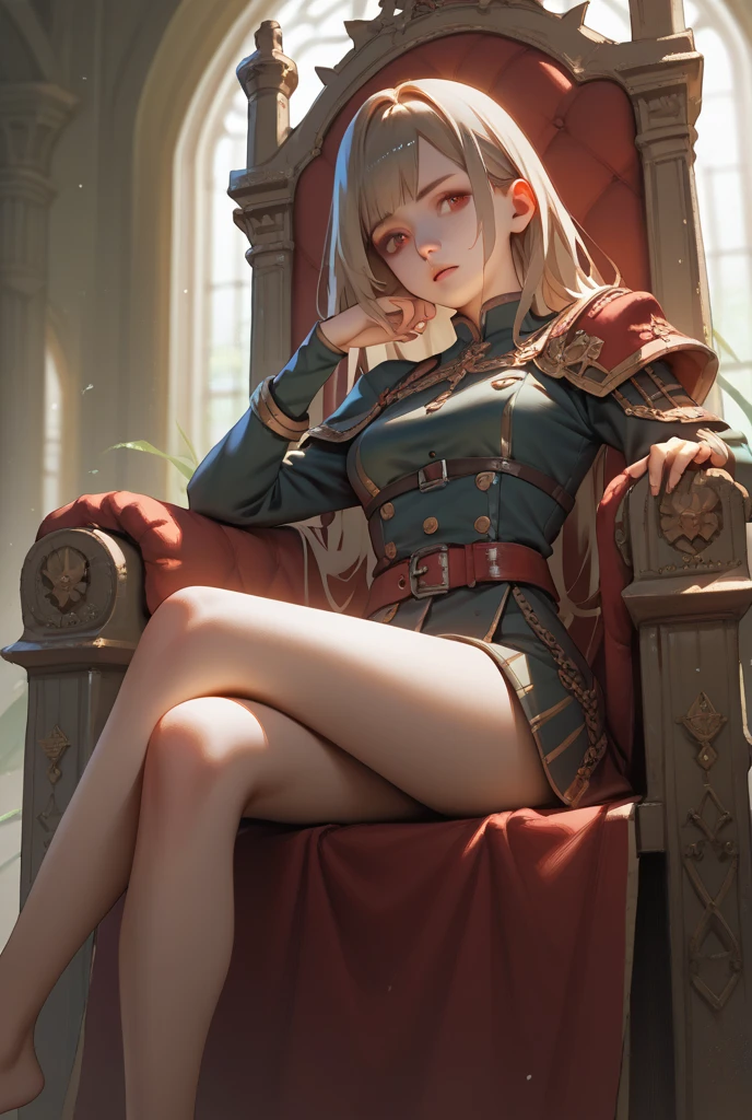 Elf girl with golden eyes, fair skin, wearing black JK suit, black lady&#39;s small leather shoes, without a crown, sitting on a black and red throne with tied arms, one foot without shoes,