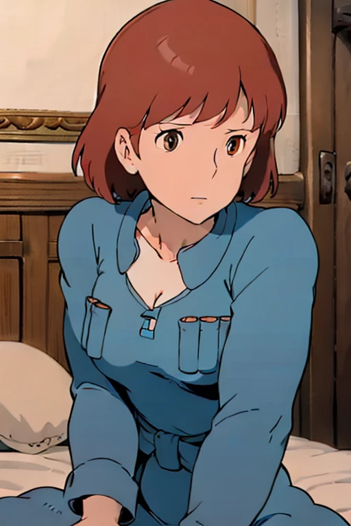 (masterpiece, highest quality, High resolution, Anime screenshots, Anime Color, 8k, Realistic), Nausicaa, very cute, beautiful girl, Big Tits Alone, Reddish brown hair, Short Bob Hair, Red Gem Earrings, Baby Face, (Looking at the audience), Beautiful breasts, Slim girl body, (Bikini sexy underwear, garter belt, Fishnet tights), Perfect beauty, Beautifully decorated palace, Sitting on the bed in the bedroom, (Perfectly detailed anatomy, Beautiful and elaborate face&eye:1.5, Shiny skin, Perfect body)、I want to see the whole body