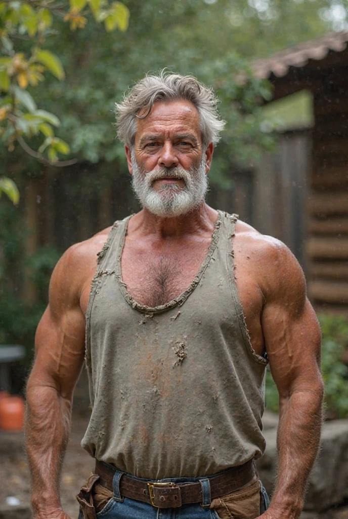 (best quality,4k,8k,highres,masterpiece:1.2),ultra-detailed,(realistic,photorealistic,photo-realistic:1.37),((massive muscular)) ((huge Muscular)) giant muscular old man at the pool, wet body, wearing a sport speedo and flip flops, white floofy hair, super thick arms, super big pectoral, scars on his face, Light blue eyes, handsome face, short beard, sitting at the pool, legs open, legs in water, looking up at me, smiling with teeth showing, ahegao, submissive, ready to serve, leaning back, one leg up wearing flip-flops, full body visible, full figure portrait,