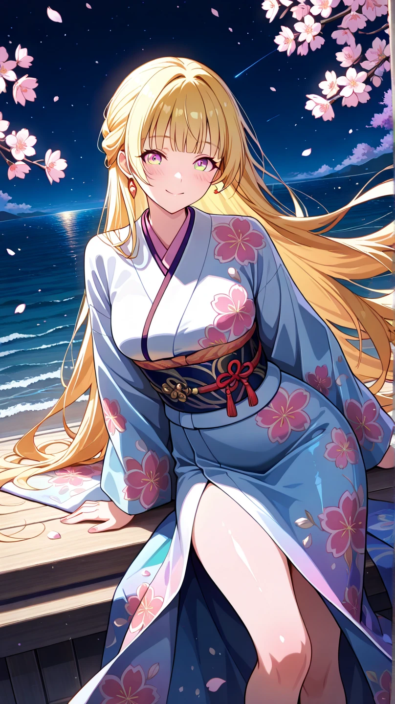 1lady,solo,bare foot,thighs focus,cute,blond hair,long hair,yukata,fireworks