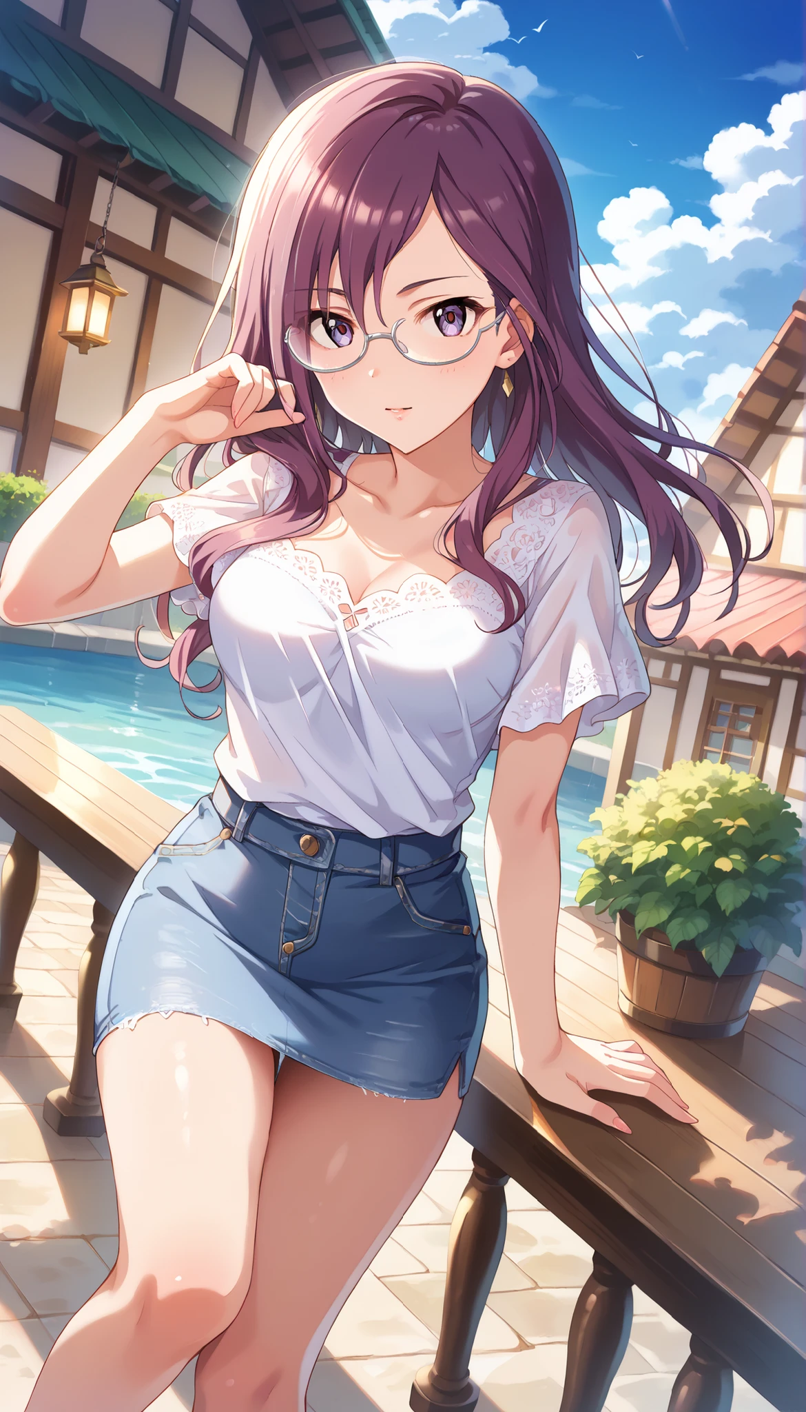 (((Yagami Makino))),light purple short sleeve blouse,denim below-the-knee skirt,Bare Chest,(((medium breasts))),(slightly long hair),((angle from above)),purple hair,Ulchan-6500-v1.1, ( RAW photos :1.2), beautiful detailed, very detailedな目,beautiful eyes, beautiful eyes,file size is large, high resolution, very detailed, of the best quality, [masterpiece:1.6], Awareness-raising, very detailed, CG, finely, of the best quality, 8K wallpaper, perfect body shape,very detailed,glasses,smiles
