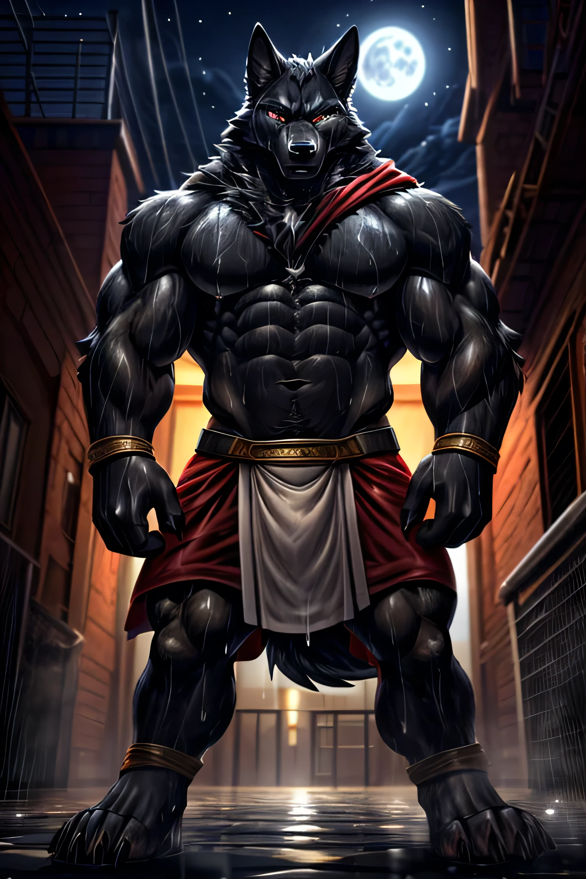 A black adult dragon,sexy,tall slim and well defined body,piercing red eyes,elegant medium and symmetrical white horns, ((loincloth the ugliest in the world)),(bottom: raining very hard like a storm,destroyed ruins,only standing facing the black adult dragon black ,In the stones he has black chains that extend from his wrists to the hands and legs of the dragon., upset face),(((all soaked with water from the heavy rain all over his well-defined body))),(((no type of accessories or objects on your well-defined body))),(((that does not cover your chest and six pack