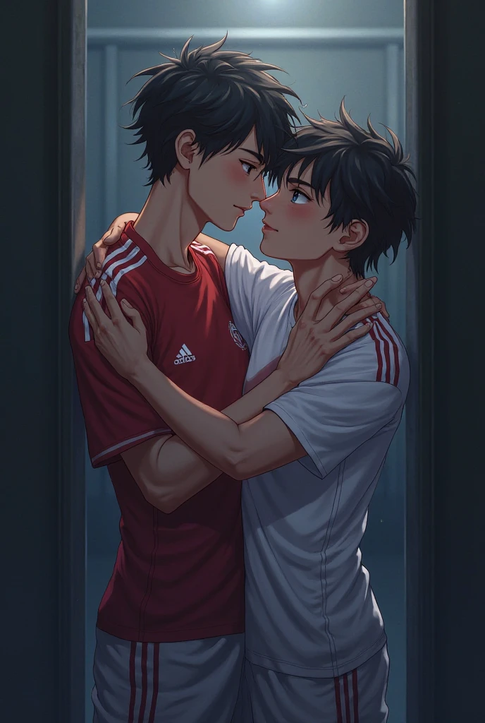 The best picture quality at the level of a masterpiece,Ridiculous bedroom scene,Two boys were talking,Wearing track suit,They were kissing together,Blush faintly stained their cheeks。