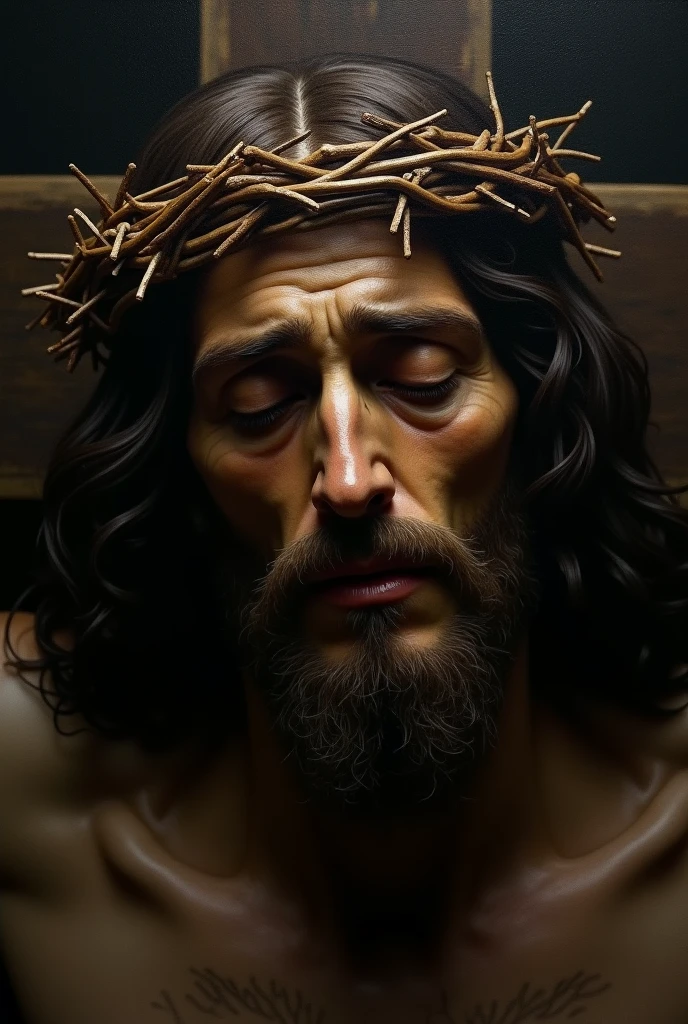 Jesus on the bleeding cross, face detailed, looking at the camera, portraite, 8k hd, high qualiy