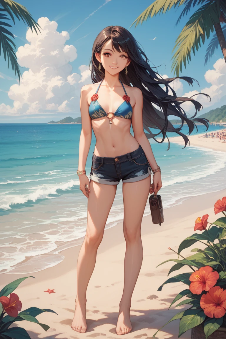 1girl in、A smile、（small tits）Chilarism、夏天、Mare、sea bathing、（Wearing a yellow bikini swimsuit）、Beach、the wind、suns、Portrait from the knee up、
