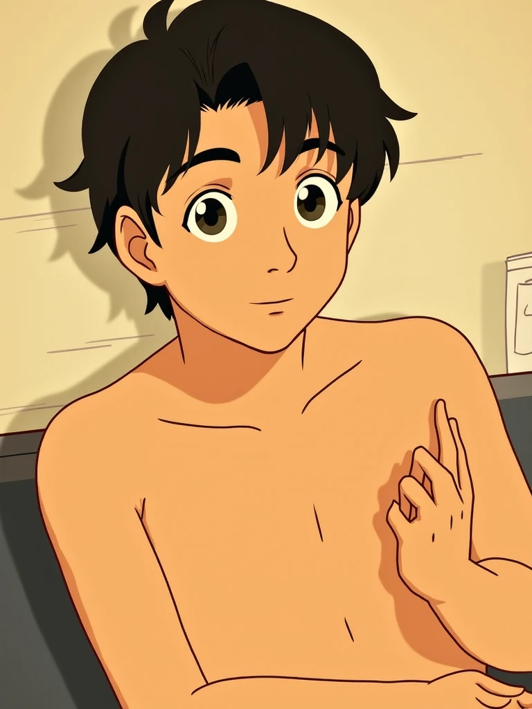 Highres, Masterpiece, Best quality at best,Best Quality,hight quality, hight detailed, boy, 1boy, bentennyson, short body, (showing his penis ), (shirtless, topless, bare chest), without cloth, shower