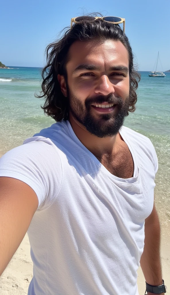 1 homem, ((masculino)) male gender, homem com 28 anos de idade, pele bronzeada, pelos pelo corpo, barba levemente falhada, sombrancelha falhada, venta pontuda e um pouco grande, olhos escuros, wearing a cap ((masculino)), sem camisa na praia, homem masculino ((selfie de perfil)) Slightly messy hair, pele bronzeada de praia.