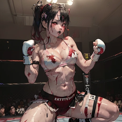 a male fighter is punching into female fighter's body so hard in the octagon ring. a bloody beautiful young Japanese female fighter is being beated terribly by a male fighter. She is cornered on the fences by the male. Blood is dripping from her nose. She is covered in scars and bruises. she is damaged terribry. Short-cut black hair, out of breath, drooling from mouth, crying, exhausted, drenched in sweat. Erect nipples. open finger glove.