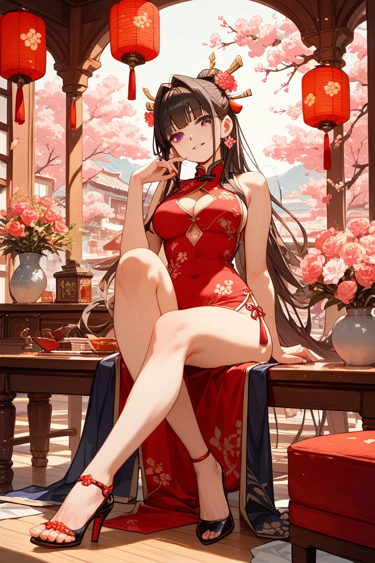 Masterpiece, Best Quality, Ultra Detailed, Illustration, (1girl), Candlelight Night in the Cave House, Wedding Scene, ((Single +)) (Point You By Ass) Mature Woman, Chinese Style, (Royal Sister), Chinese Costume Red Wedding Dress, Bun, Black Long Haired Woman, (No Shoes ++), Barefoot, Anklet, Red Lips, Gentle, Intellectual, Three Bands, Wedding Background, Shun, Red Lantern, Festive Atmosphere, Face Close-up, Face Close-up