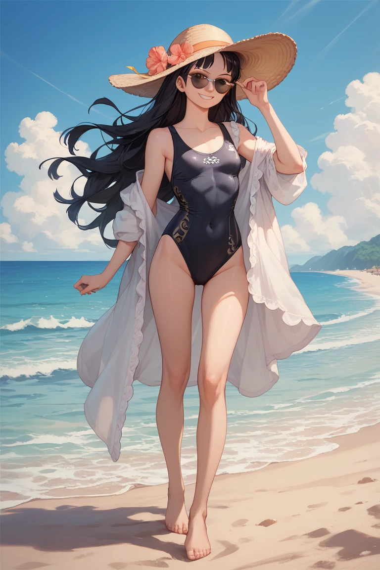 1girl in、A smile、Highlights in the eyes、(small tits)Chilarism、夏天、Mare、sea bathing、(Wearing a polka dot swimsuit)、Beach、the wind、suns、Portrait from the knee up、